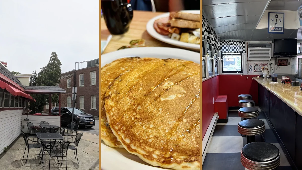 Breakfast plates on a simple diner table