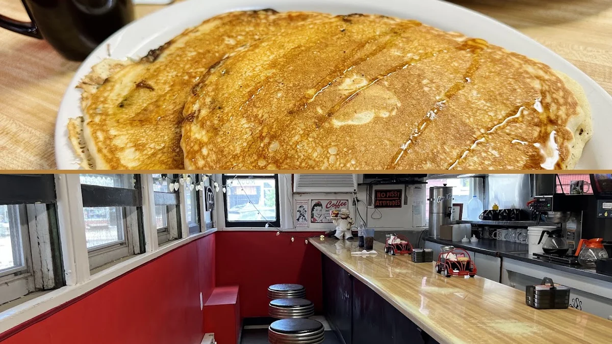 Small-town diner dining room at midday