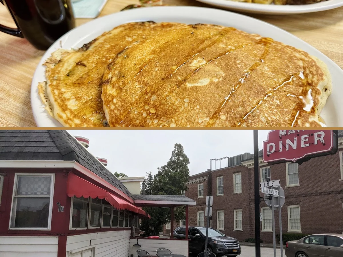 Small-town diner dining room at midday